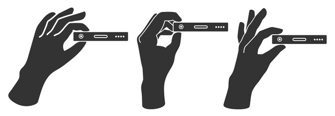 Different hands gestures holding smartphone with side of charging port. Vector icon set in flat style.
