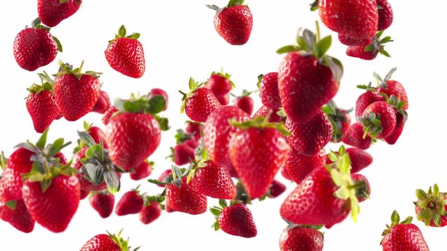 Flying of Strawberry in White Background with Alpha