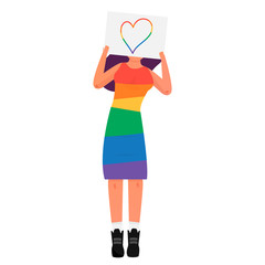 A girl in a dress in the colors of LGBT people holds a sign with a painted heart in her hands. LGBT protest, same sex freedom. Vector illustration.