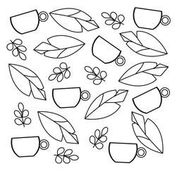 vector black and white outline pattern isolated on white background. botanical frame with leaves and tea cups