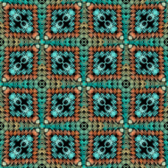 Textured tartan vector seamless pattern. Tapestry plaid background. Modern ornamental surface grunge backdrop. Geometric symmetric squares ornament. Zigzag lines, shapes. Endless embroidered texture
