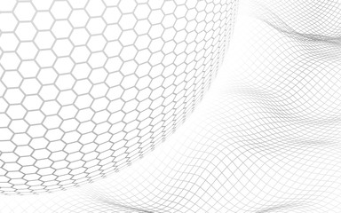 Abstract landscape on a white background with white honeycomb sphere. Cyberspace grid. hi tech network. 3d illustration