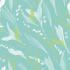 Fototapeta premium Vector graphic botany lily of the valley pastel pattern with hand drawn outline and shape on teal background. Nature background. Surface pattern design.