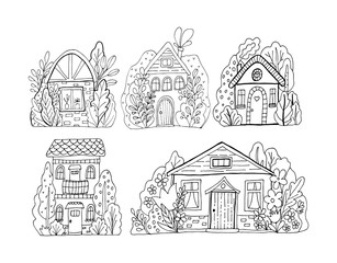 Hand drawn doodles cartoon houses set in the village. Black and white cute bulding line art vector illustration.