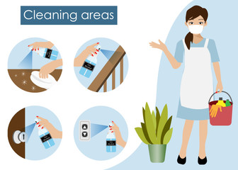 Cleaning woman holding bucket with infographics of cleaning point areas for 75% alcohol spraying. Idea for hygiene cleaning, COVID-19 corona virus outbreak, awareness and prevention. Vector.