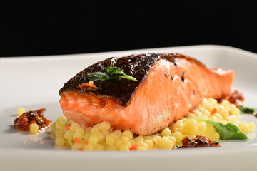 Salmon Steak on Pasta Fregola with vegetable