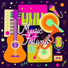 A composition of musical instruments for a poster, abstract banner, background or map for a Brazilian holiday, Mexican holiday, music festival, party or event. Vector illustration
