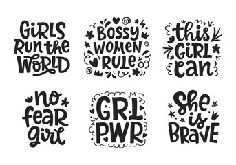 Obraz premium Girl power quotes set, hand drawn lettering vector design