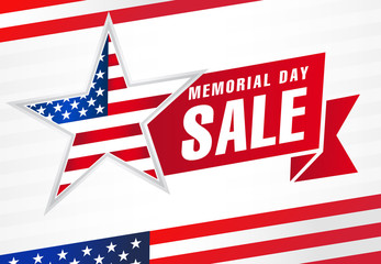 Memorial Day USA Sale, flag and light stripes banner. Memorial Day with american flag on background. Vector illustration