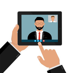 webinar, online conference and training. Incoming call, video call, on the tablet screen. Vector illustration
