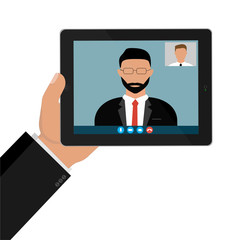 Illustration of a webinar, online conference and training. Incoming call, video call, on the tablet screen. Vector illustration
