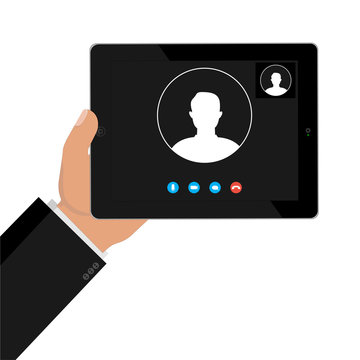 Incoming call, video call on the tablet screen, a person’s profile picture and buttons for rejection. Illustration of a webinar, online conference and training. Vector illustration
