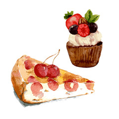 Cupcake with raspberry, blueberry, pecan and cream. A piece of fragrant cherry pie decorated with berries. Watercolor illustration isolated on white background. Vector - 346166126