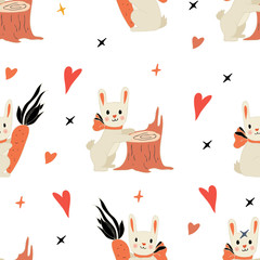 Fototapeta na wymiar Hand drawn children style illustration. Seamless pattern with funny bunny.