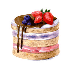 Cake with layers, fluff cream, decorated with chocolate and strawberries. Watercolor illustration isolated on white background - 346167598