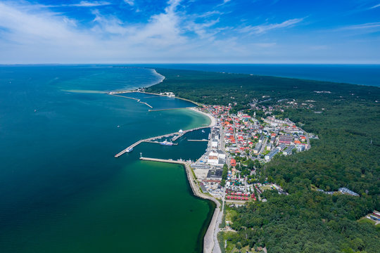 Aerial view of Hel Peninsula in Poland, Baltic Sea and Puck Bay (Zatoka Pucka) Photo made by drone from above.