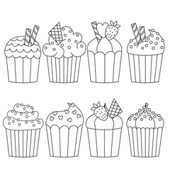 Collection of cupcake in doodle style. Hand drawn food icons are isolated on a white background. Vector illustration. 