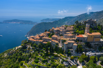 Fototapeta na wymiar Aerial view of medieval village of Eze, on the Mediterranean coastline landscape and mountains, French Riviera coast, Cote d'Azur. France.