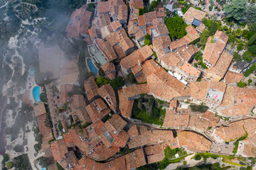 Aerial view of medieval village of Eze, on the Mediterranean coastline landscape and mountains, French Riviera coast, Cote d'Azur. France.