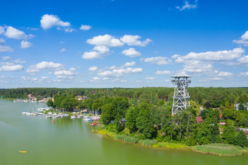 Aerial view of Wdzydze Landscape Park. Kashubian Landscape Park. Kaszuby. Wdzydze Kiszewskie. Poland. Bird eye view.