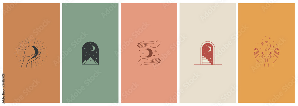 Poster Vector set of abstract logo design templates in simple linear style - hands and stars - mystic abstract symbols for social media stories highlights and posts