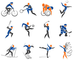 A set of sports: soccer, tennis, volleyball, skiing and more. Isolated stylized illustration on a white background. Vector for your projects