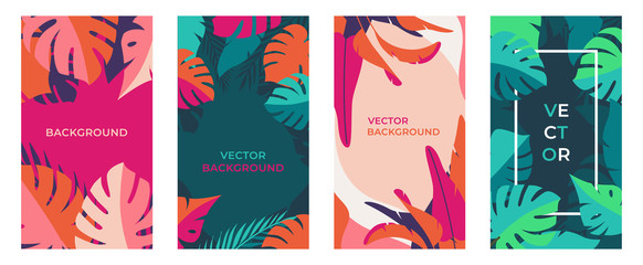 Vector set of abstract backgrounds with copy space for text - bright vibrant banners, posters, cover design templates, social media stories wallpapers with tropical leaves  - obrazy, fototapety, plakaty