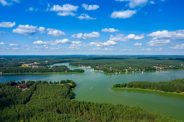Aerial view of Wdzydze Landscape Park. Kashubian Landscape Park. Kaszuby. Wdzydze Kiszewskie. Poland. Bird eye view.
