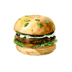 Delicious Burger with beef, tomato and lettuce on a bun with pumpkin seeds. Watercolor illustration isolated on white background. Vector