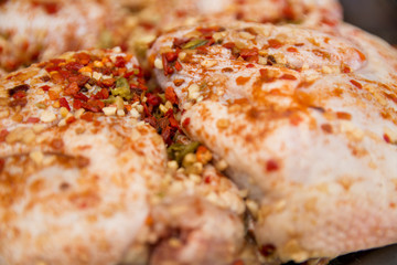 Delicious but unhealthy food concept  Georgian and turkish recipe of chicken preparation known as Tabaka chicken. Compressed chicken in various spices before baking.