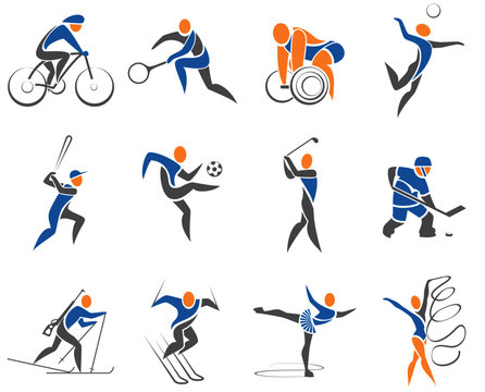 A set of sports: soccer, tennis, volleyball, skiing and more. Isolated stylized illustration on a white background. Vector for your projects