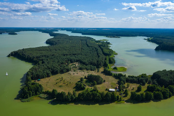 Naklejka premium Aerial view of Wdzydze Landscape Park. Kashubian Landscape Park. Kaszuby. Wdzydze Kiszewskie. Poland. Bird eye view.