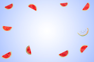 Flat lay, top view Sliced watermelon on blue background. Watermelon pattern.