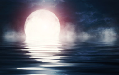Naklejka na ściany i meble Background night landscape. The night sky, the full moon. Reflection of the moon on the water.
