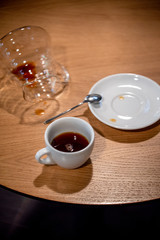Black filter coffee on the table in cafe service kettle hario pour over cup
