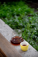 Black filter coffee on the table in cafe service kettle hario pour over cup