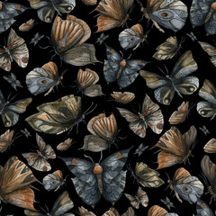 Seamless pattern with night dark butterflies set. Abstract fantasy design background for print, poster, fabric, wallpaper. Watercolor illustration