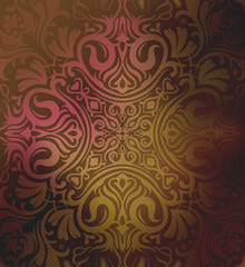 Mandala wallpaper, tracery round boho style. Ethnic ornament background. Folk, meditation design. Colored curved shape.
