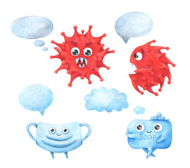 Covid-19 set. Virus, protective mask, soap, Speech Balloon. Cute characters for an article about a dangerous infection, personal protection and infection prevention. Children's  illustration.