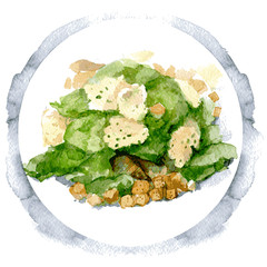 Caesar salad with chicken breast, croutons, eggs and tomatoes. Watercolor illustration isolated on white background. Vector - 346171591