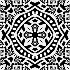 Black and white greek vector seamless pattern. Geometric ancient background. Repeat symmetry backdrop. Greek key meanders tribal ornament. Floral modern design with abstract flowers, shapes, symbols