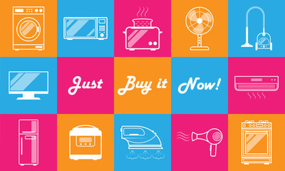Set of 12 icons, symbols and images of household appliances in retro style. Caption Just Buy It Now. Vector horizontal orientation