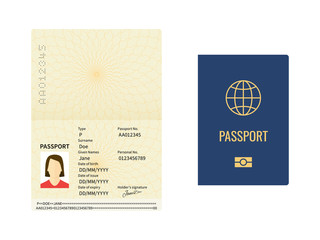 International passport template. Closed and open document for travel, identity pages with female photo, sample data and signature vector set