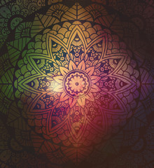 Mandala wallpaper, tracery round boho style. Ethnic ornament background. Folk, meditation design. Colored curved shape.
