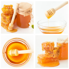 Natural liquid honey with stack of combs, glass bowl and jar, wooden dipper multiple shot collage. Isolated objects on white background. Organic food and healthy nutrition concept