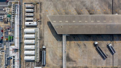 Aerial view white storage tank gas in station LPG gas, LNG or LPG distribution station facility, Oil and gas fuel manufacturing industry.