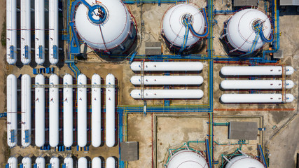 Aerial view white storage tank gas in station LPG gas, LNG or LPG distribution station facility,...