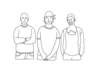 Group of young men standing on white background. Doodle vector illustration