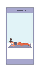 A girl trainer is doing sport in a mobile phone application. Vector flat illustration of fitness workout, training, sports activity, the gym at home by the application or online platform, program