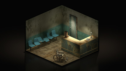 Horror and creepy seat waiting in front of the examination room in the hospital .3d illustration Isomatric.